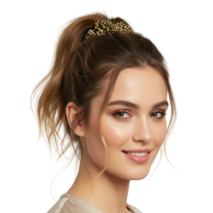 Woman with styled hair wearing a decorative headband on a white background