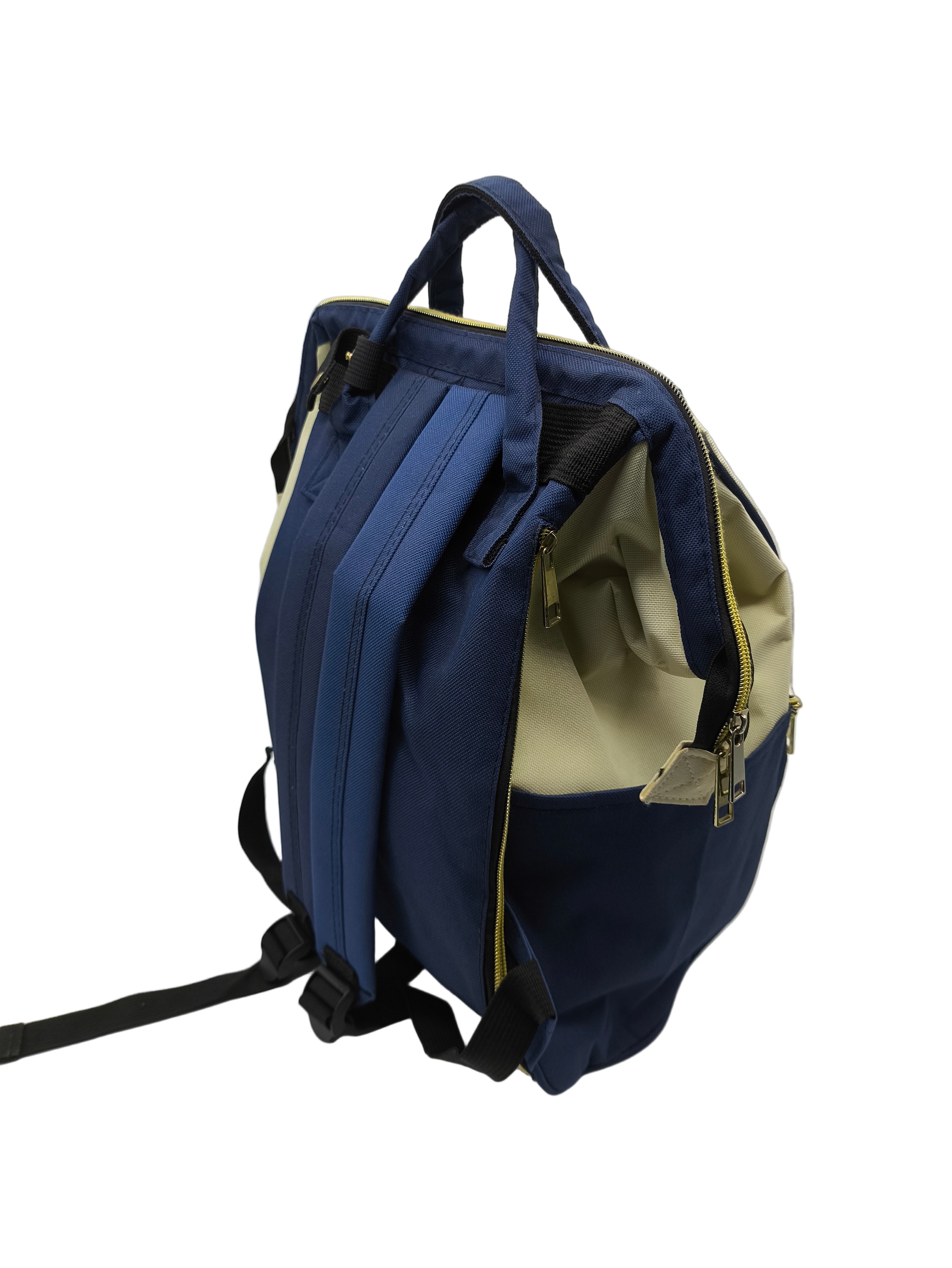 Navy blue backpack with beige interior on a white background
