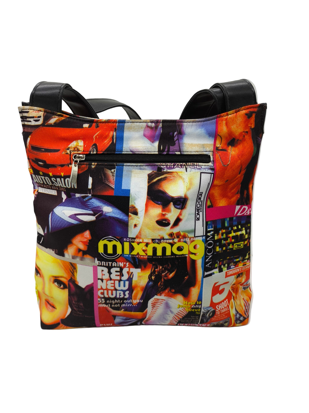 Tote bag with magazine cover pattern on a white background