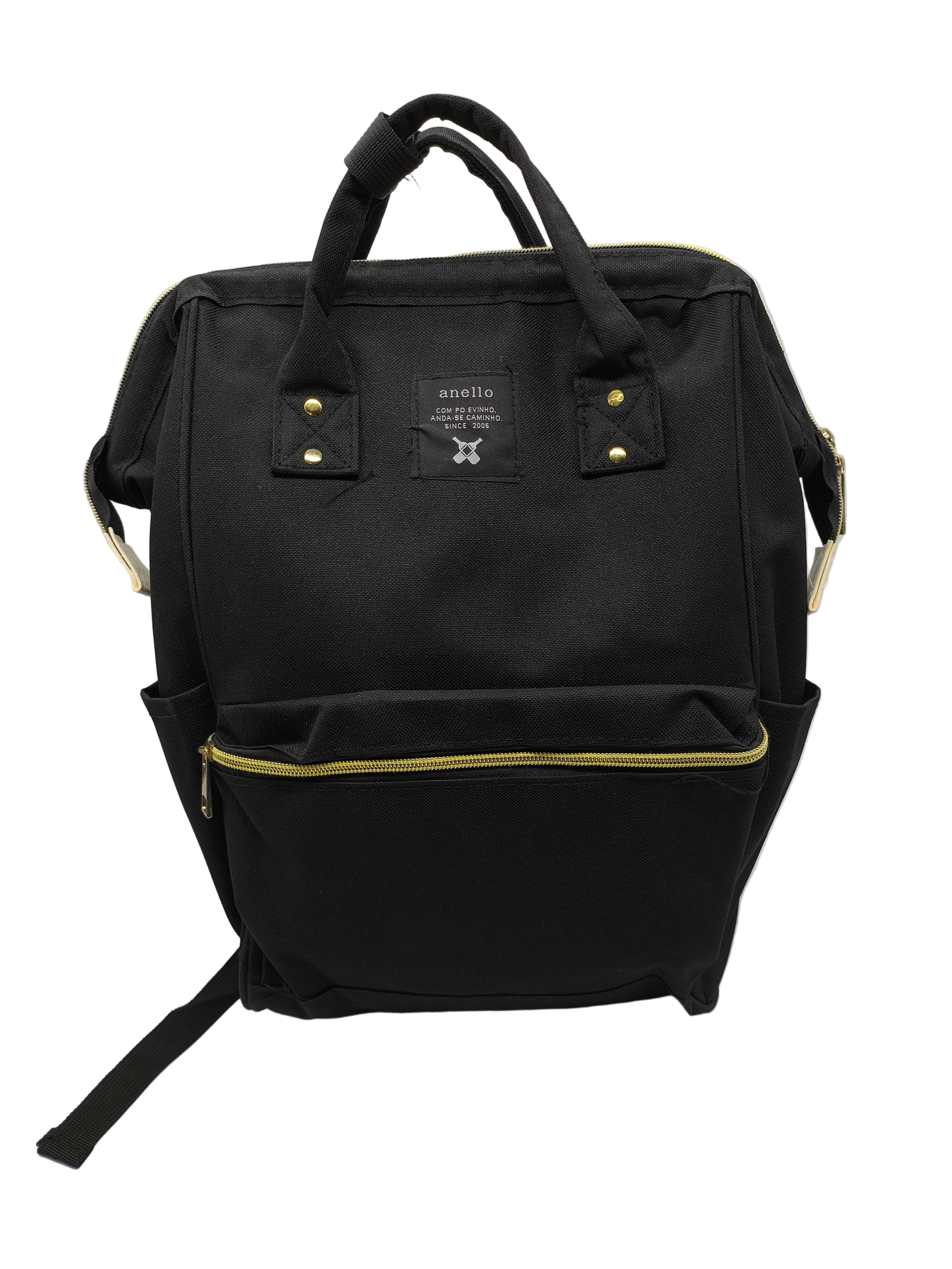 Black backpack with gold zipper on a white background
