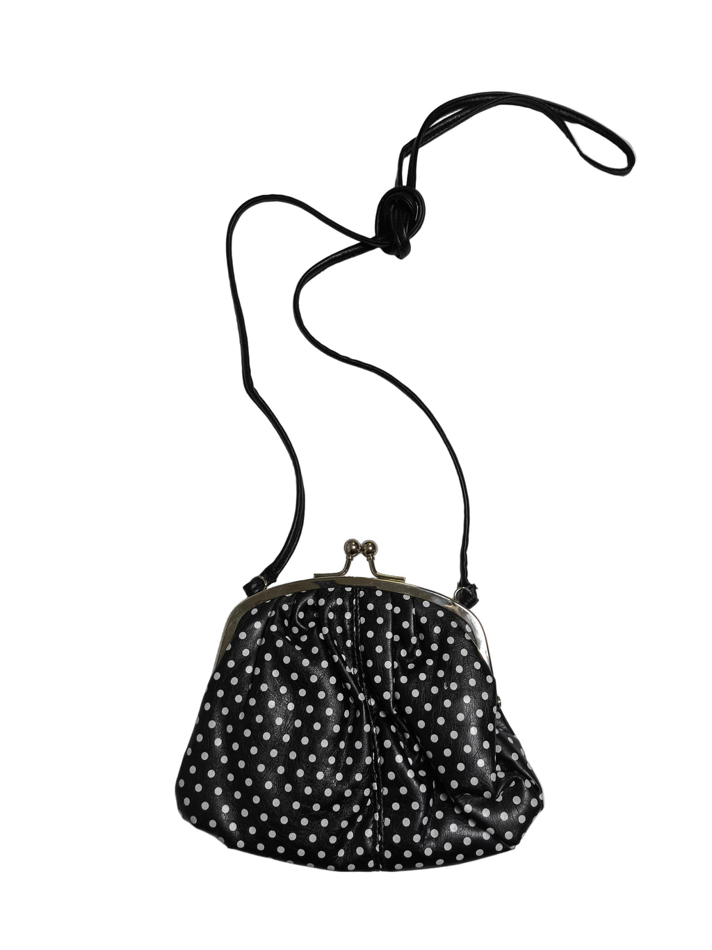 Black handbag with white polka dots on a white background