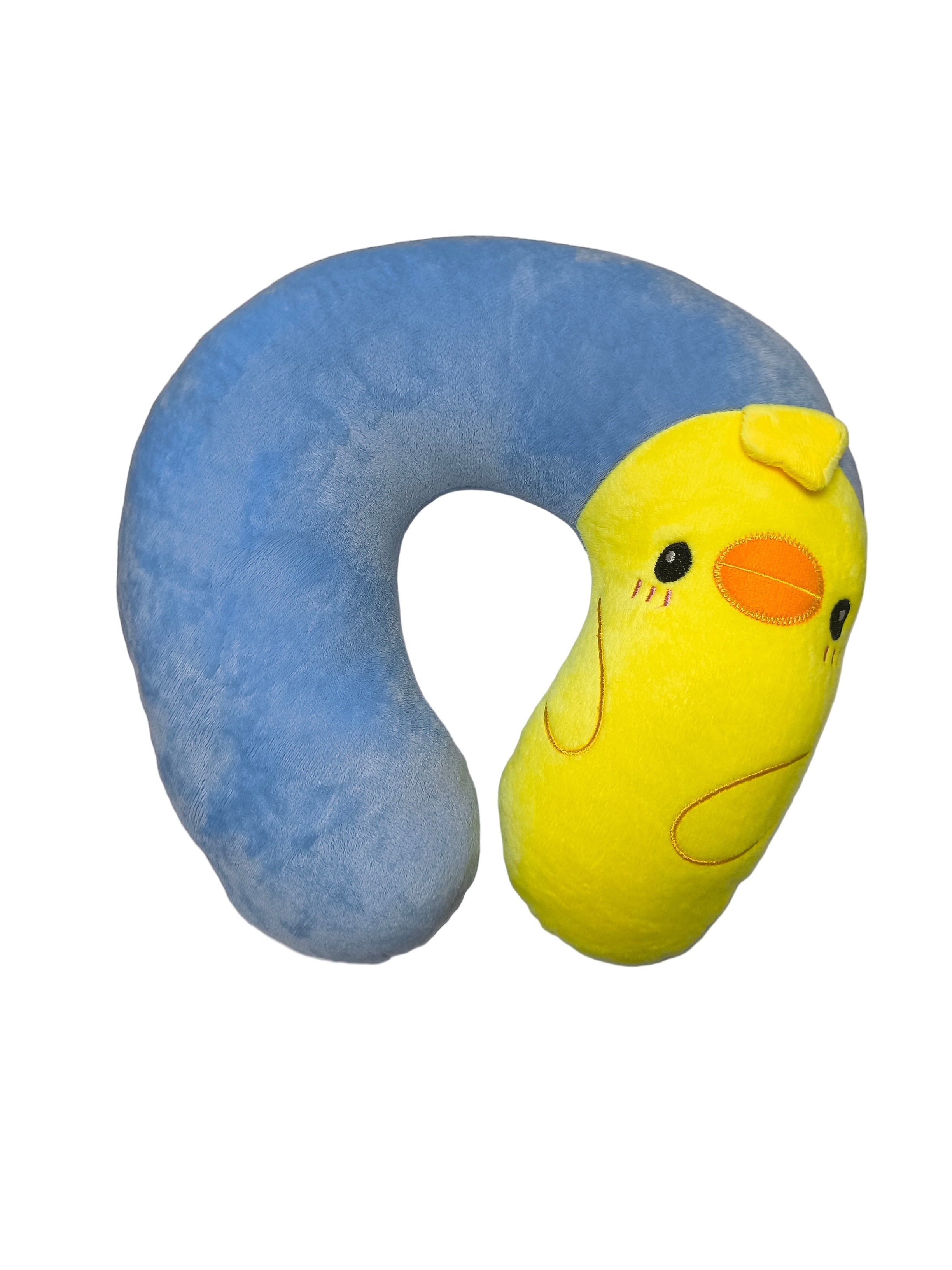 Blue and yellow duck-shaped neck pillow on a white background