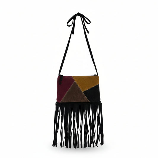 Multicolored bag with fringes on a white background