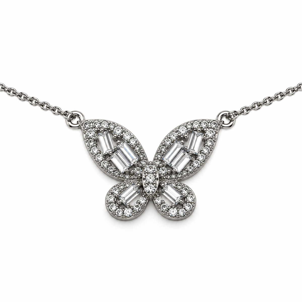 Close-up of silver-tone crystal butterfly necklace
