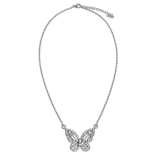 Silver-tone crystal butterfly necklace on white background