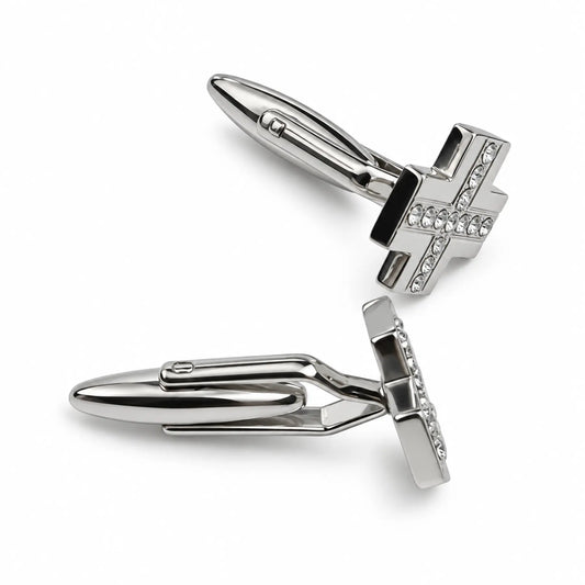 Pair of silver-tone geometric crystal cufflinks angled view