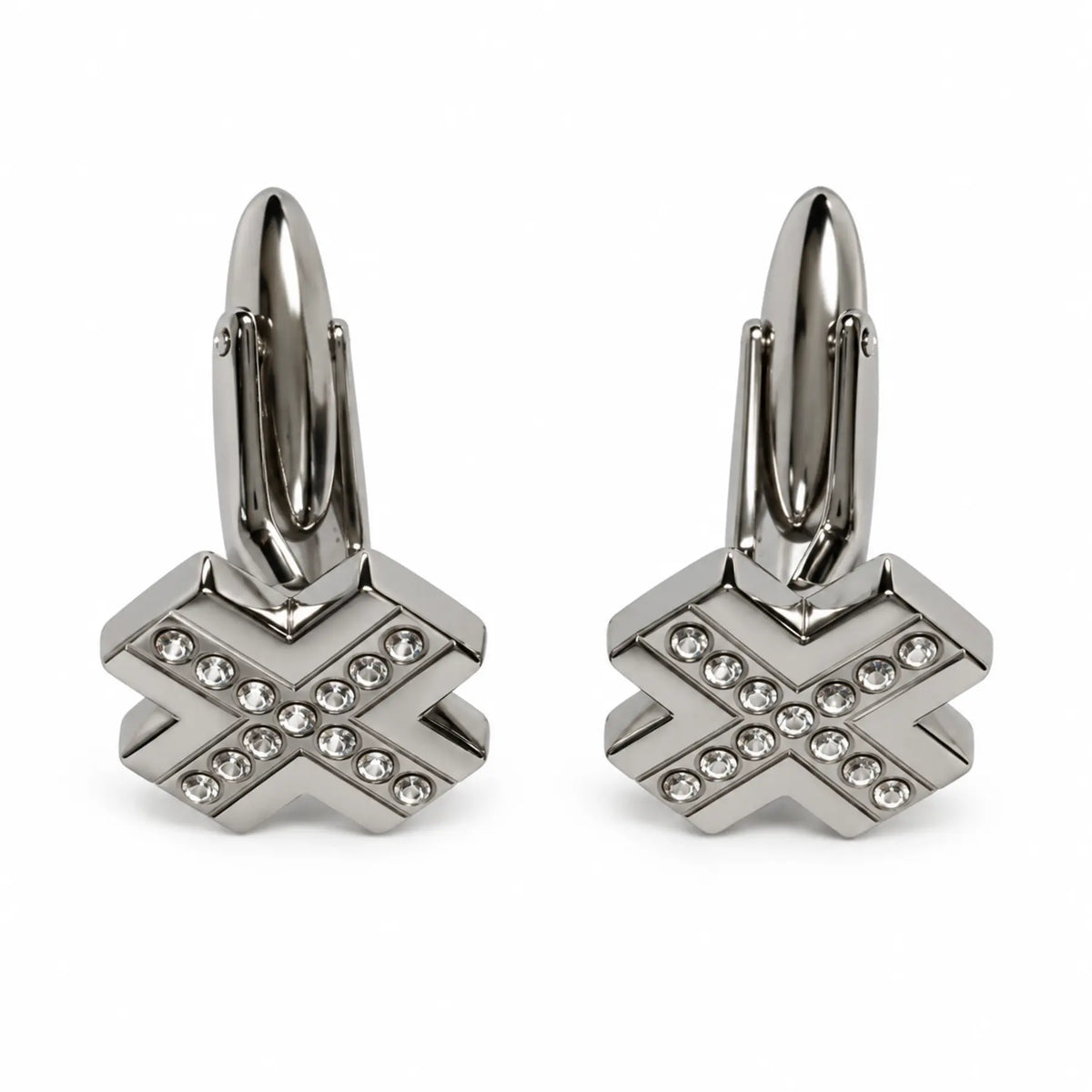Pair of silver-tone geometric crystal cufflinks front view