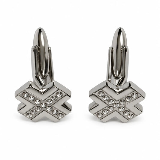 Pair of silver-tone geometric crystal cufflinks front view