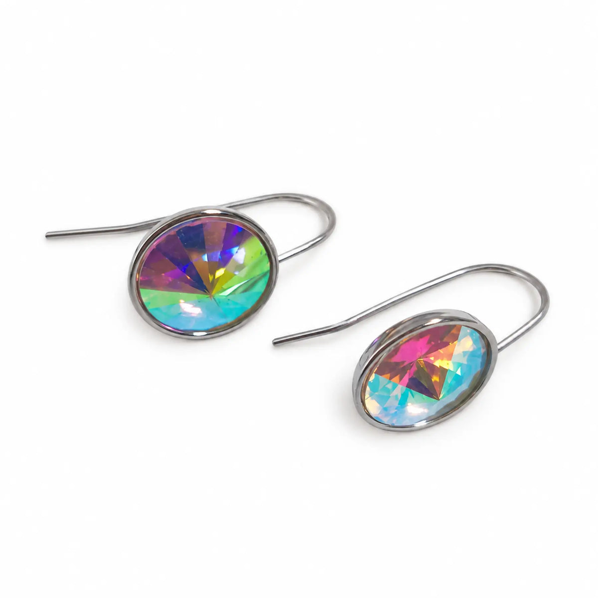 Silver-tone hook earrings with round iridescent crystals