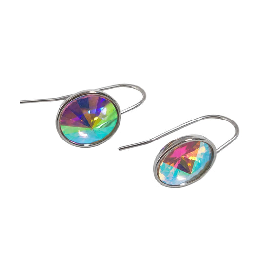Silver-tone hook earrings with round iridescent crystals