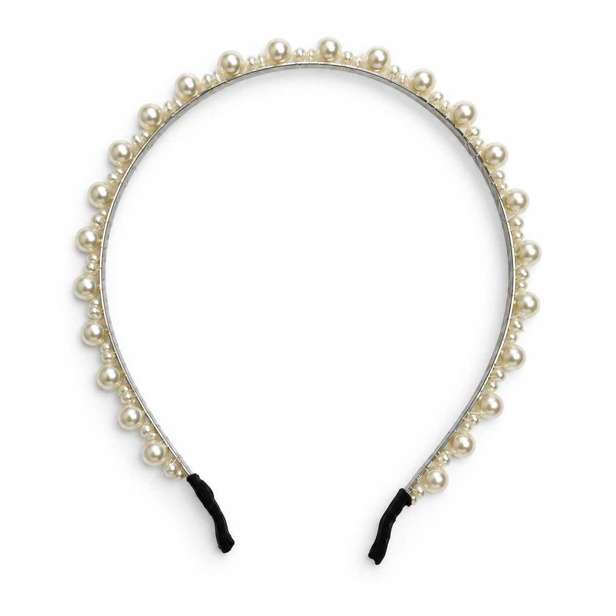 Women's slim silver-tone headband with alternating ivory pearl-style beads