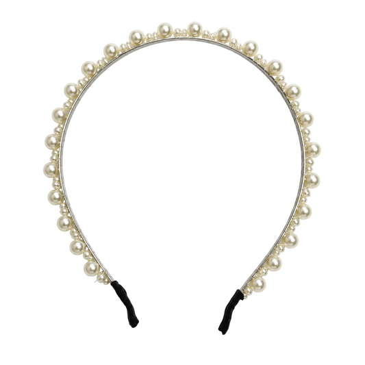 Women's slim silver-tone headband with alternating ivory pearl-style beads