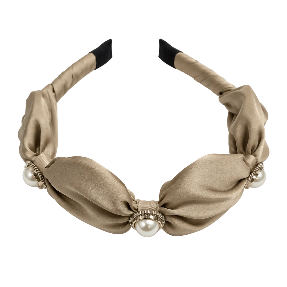 Taupe beige twisted satin pearl headband