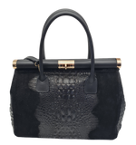 Load image into Gallery viewer, Black textured handbag with gold accents on a white background

